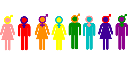 Row of rainbow-colored human figures with varying gender symbols, representing diversity of gender identities and the concepts of AFAB and AMAB.
